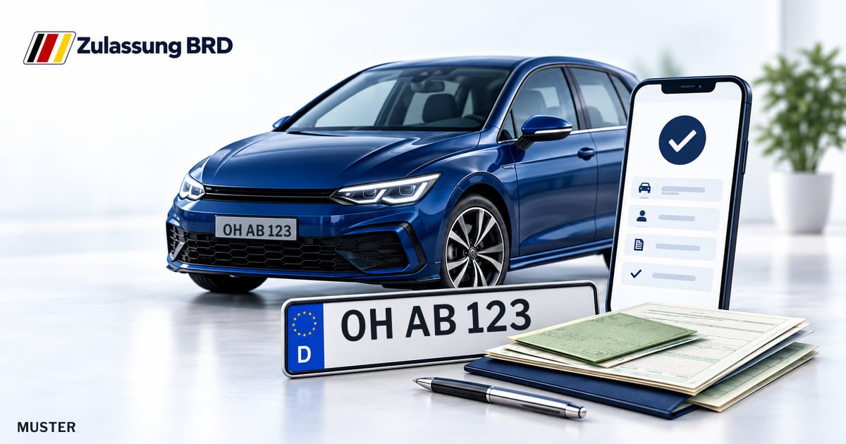 Online Fahrzeugzulassung in Neustadt in Holstein: Musterkennzeichen OH AB 123, Auto und Fahrzeugpapiere und Smartphone. Illustration mit Logo von Zulassung BRD.